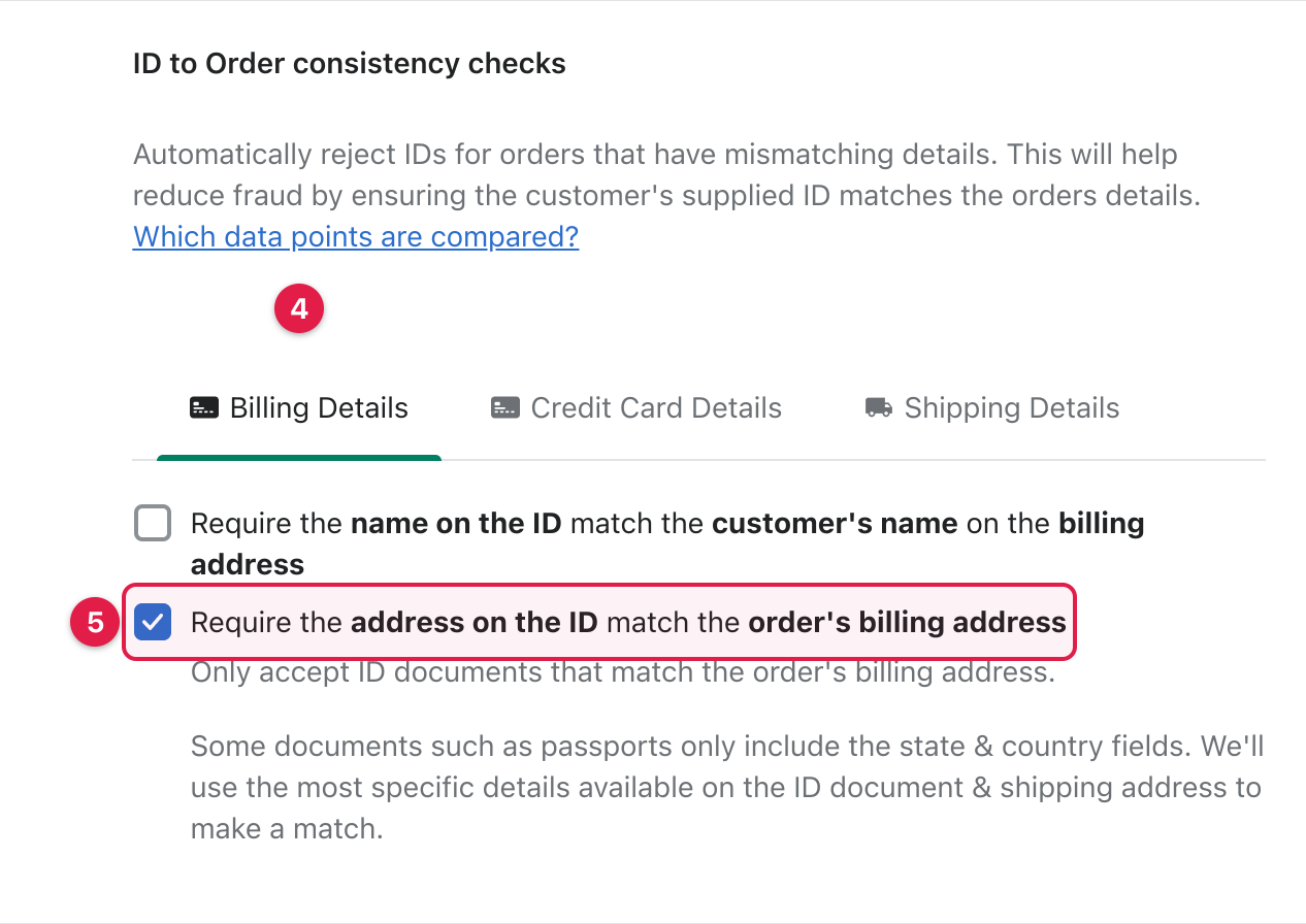 The Billing Details tab with the address matching rule enabled