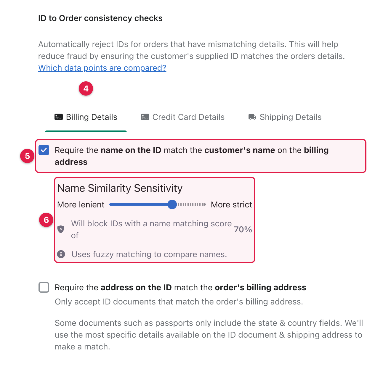 The Billing Details tab with the name matching rule enabled and the Name Similarity Sensitivity slider shown