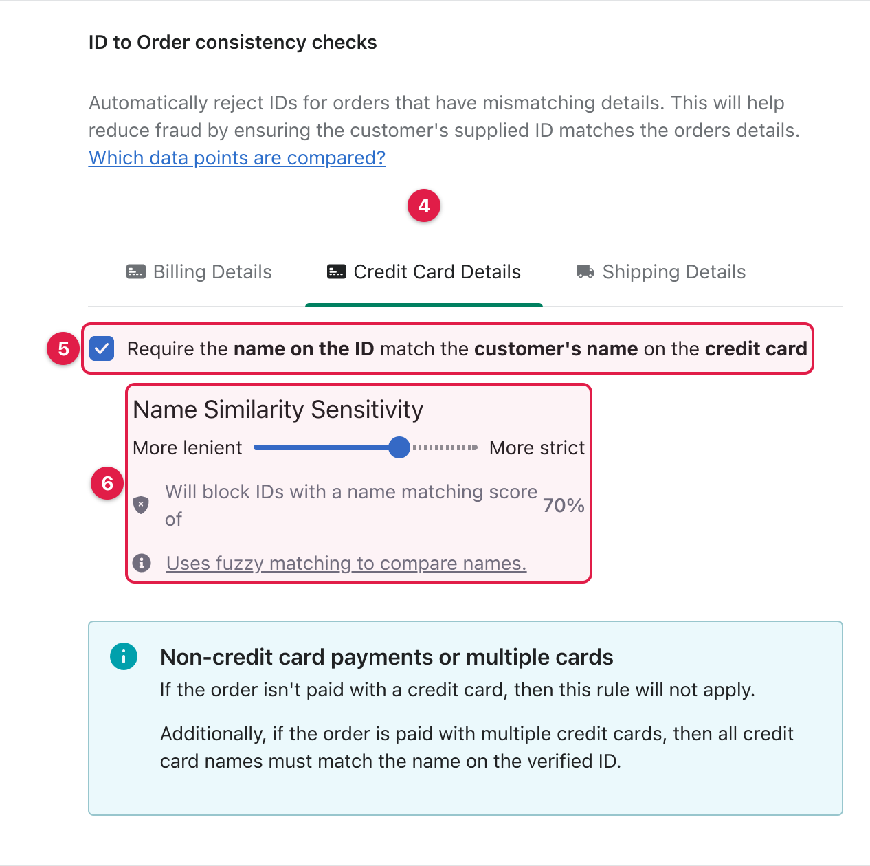 The Credit Card Details tab with the name matching rule enabled and the Name Similarity Sensitivity slider shown