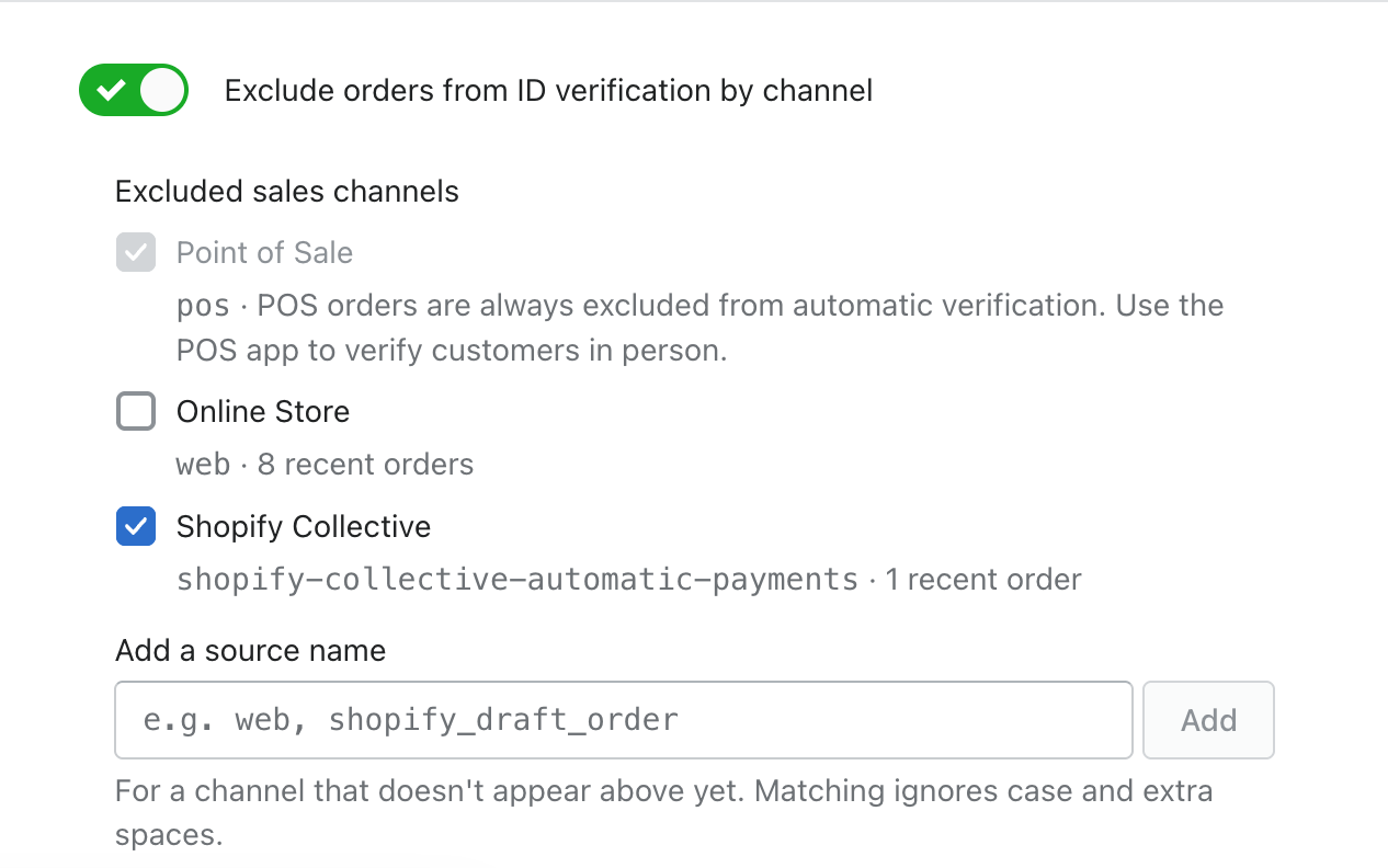 The excluded sales channels setting with Point of Sale locked as always excluded, and Online Store and Shopify Collective listed from the store's recent orders, with Shopify Collective checked