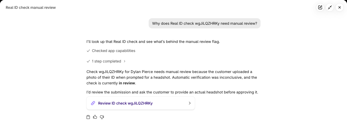 Sidekick explaining that a check needs manual review because the customer uploaded a photo of their ID as their headshot