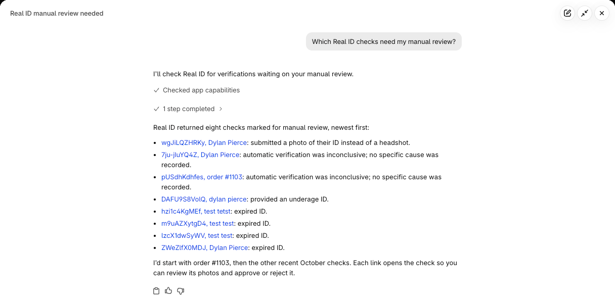Sidekick listing the Real ID checks that need manual review, with the reason for each