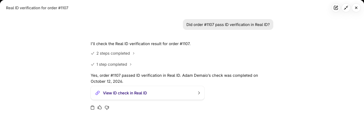 Sidekick answering that order #1107 passed ID verification in Real ID, with a View ID check in Real ID link