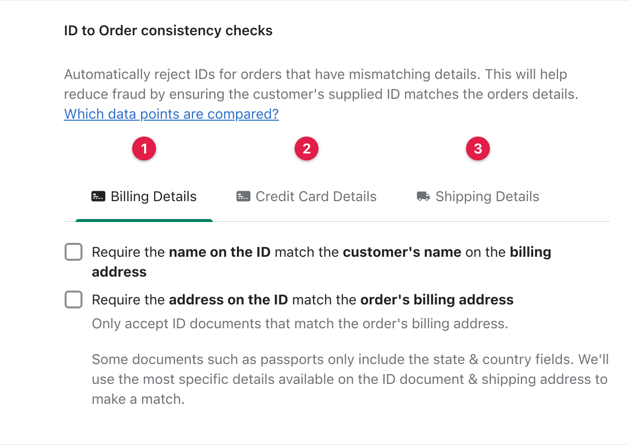 The ID to Order consistency checks section, with its Billing Details, Credit Card Details and Shipping Details tabs numbered 1 to 3