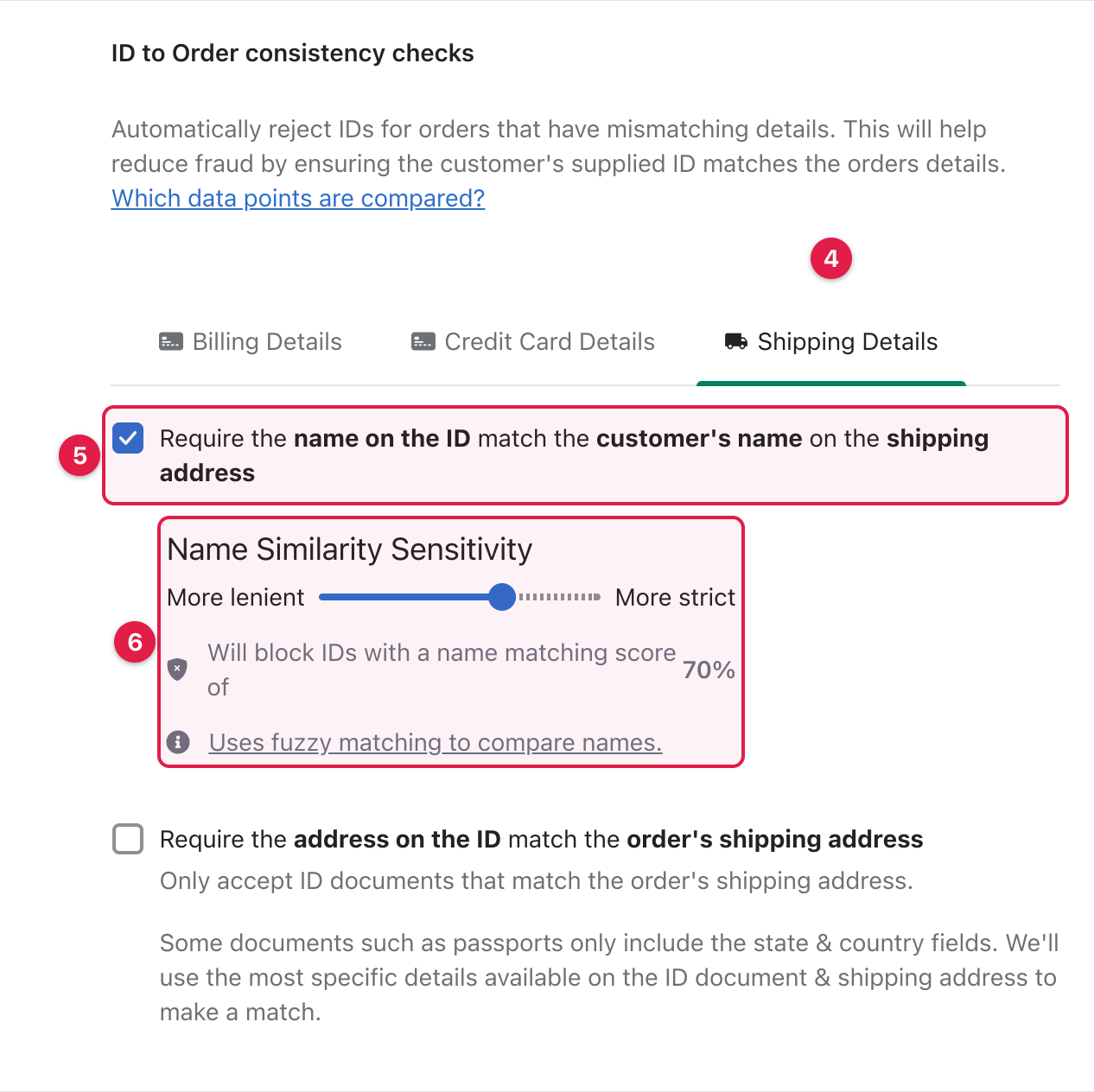 The Shipping Details tab with the name matching rule enabled and the Name Similarity Sensitivity slider shown