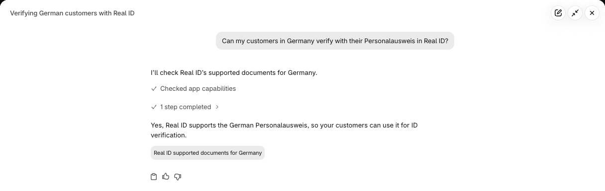Sidekick confirming that Real ID supports the German Personalausweis, with a link to the supported documents for Germany