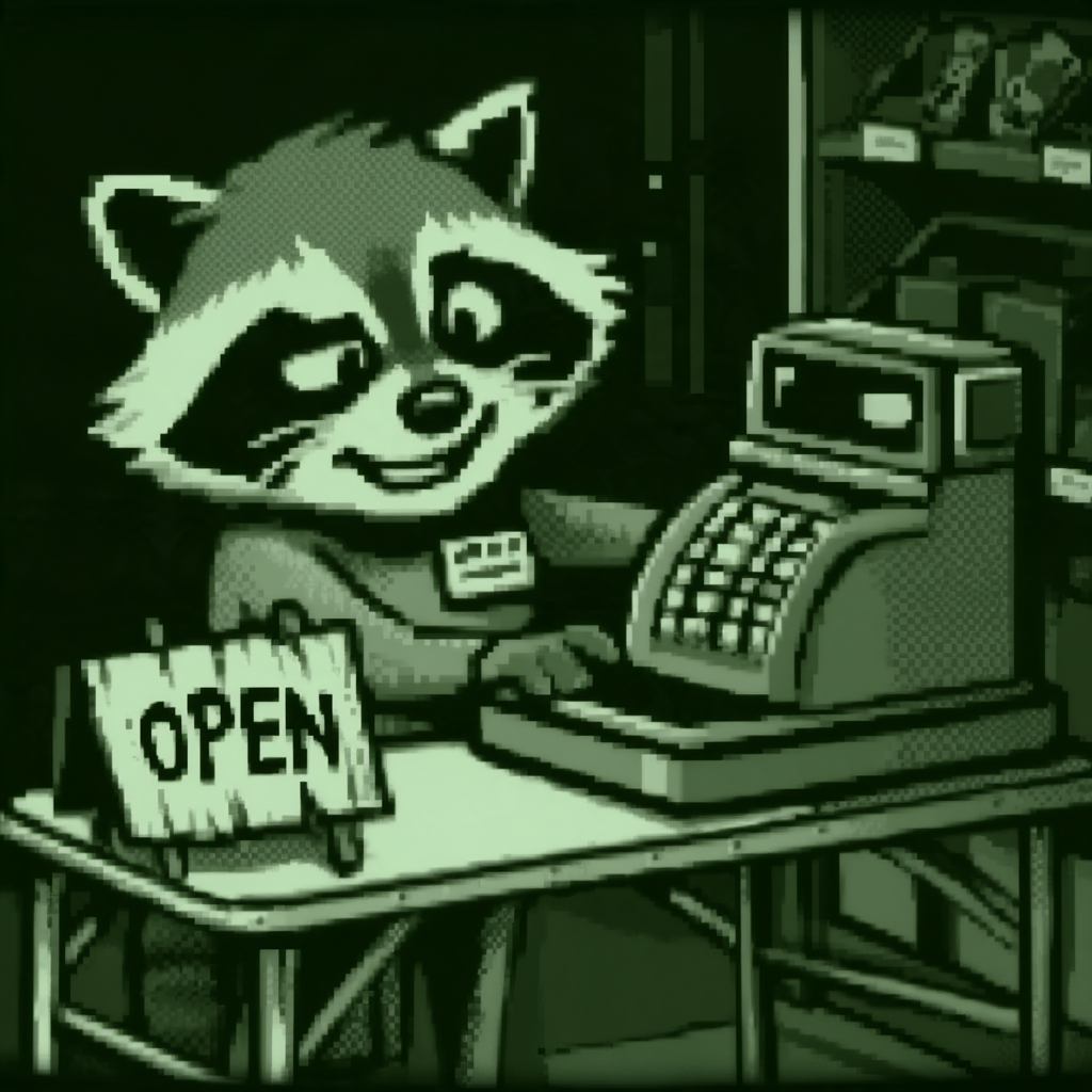 Bad Panda grinning behind folding table with old cash register and handwritten OPEN sign